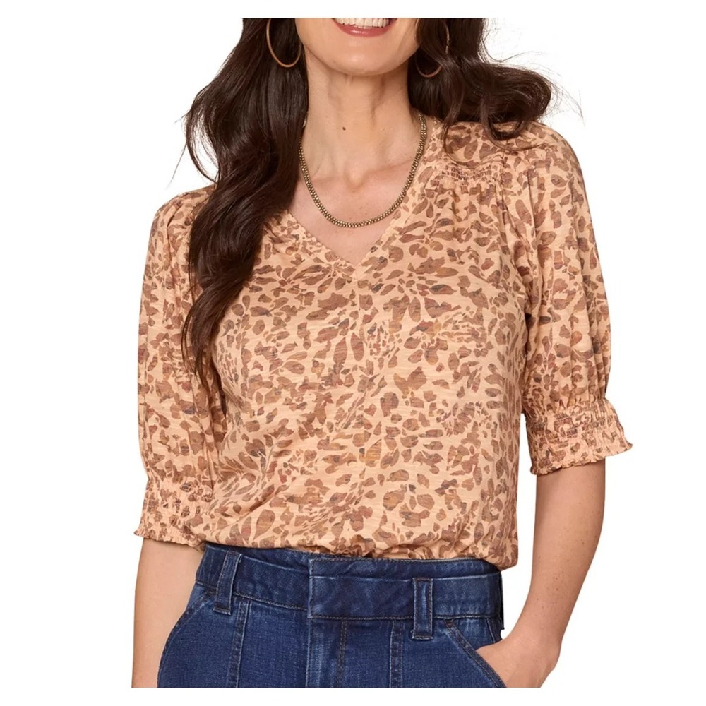 Democracy‎ Womens Top Petite's Size PL Elbow Puff Sleeve Leopard Print